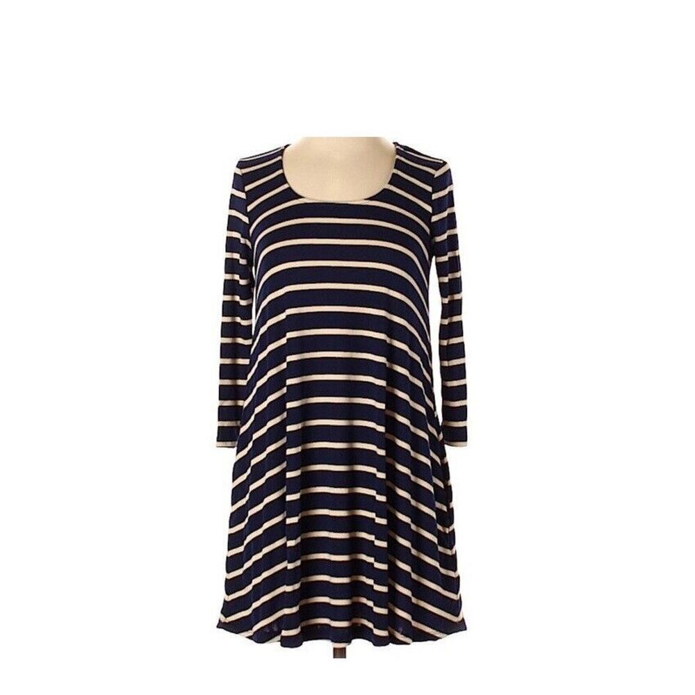 BDG Shirt Dress Women Size S‎ Blue Tan Striped 3/4 Sleeve Scoop Neck W/ Pockets